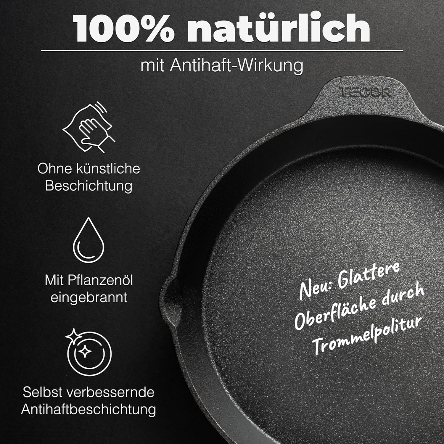 Thumbnail 2 de TECOR Gusseisenpfanne für Induktion, 32 cm (ungeschliffen) – natürliches Antihaft-Kochen ohne Beschichtung