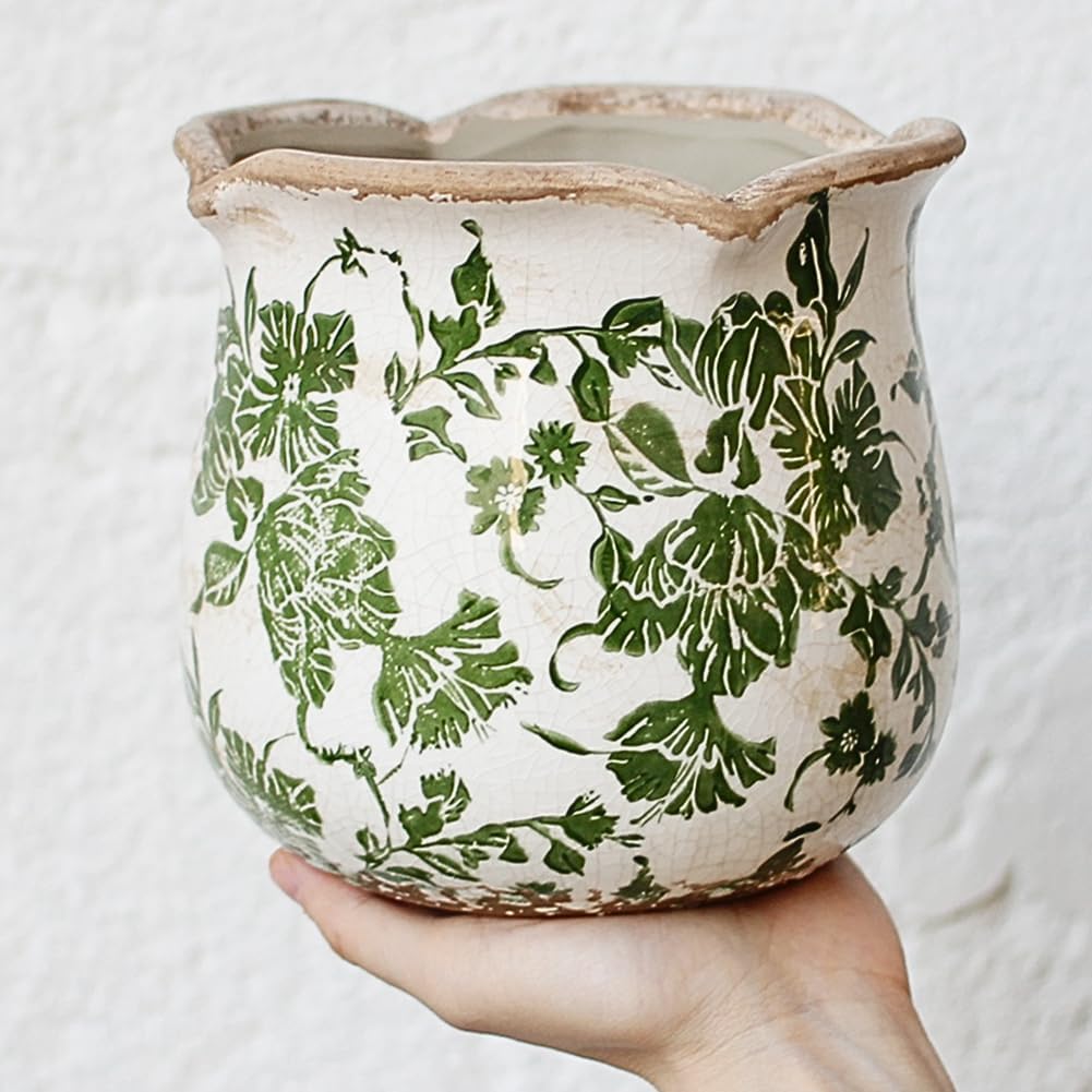 Detalle de Xiaan Jiaju Tuscan Ceramic Planter, Green 6.11-inch Vase with Drainage