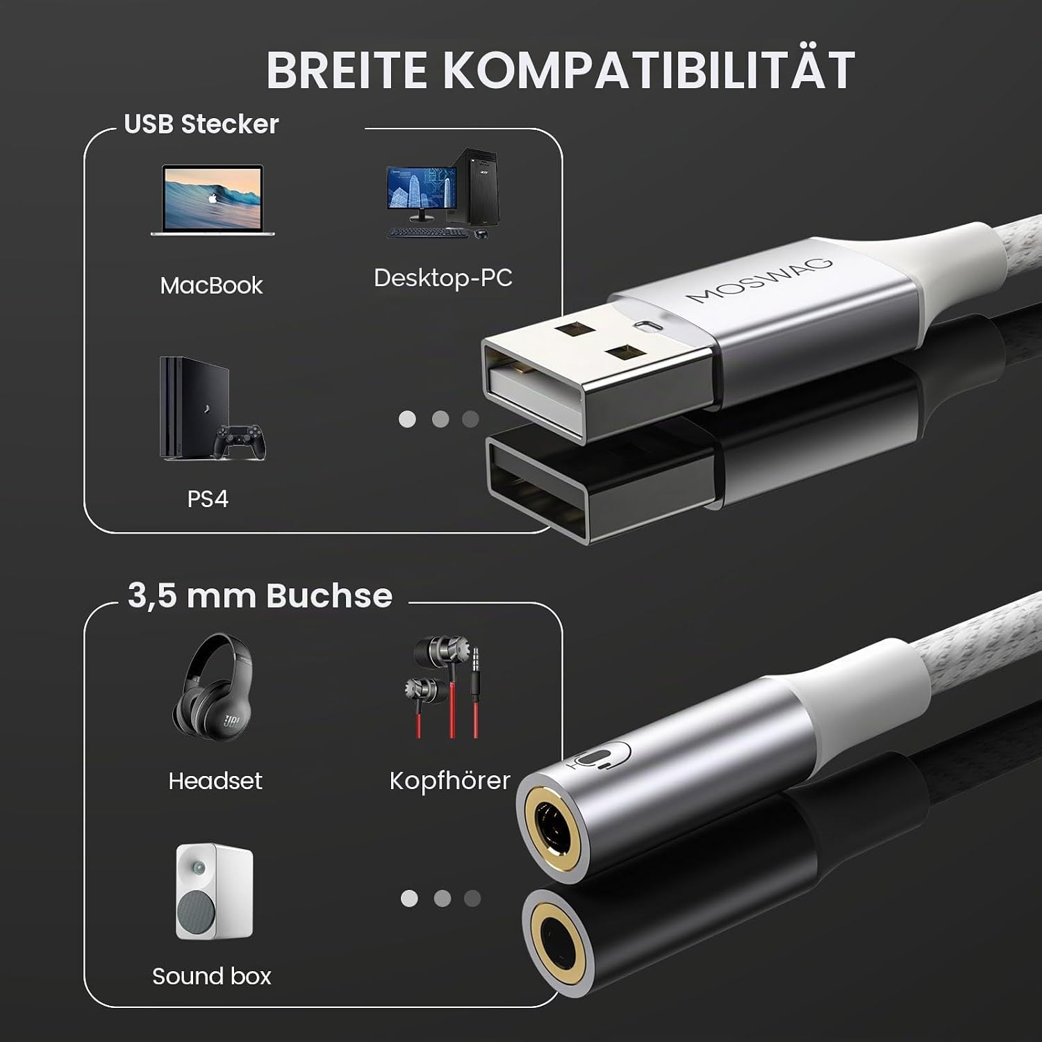 Detalle 2 de MOSWAG USB-zu-3,5-mm-Klinke-Audioadapter (2er-Set) mit Mikrofon-Anschluss für PC, PS4/PS5 & mehr