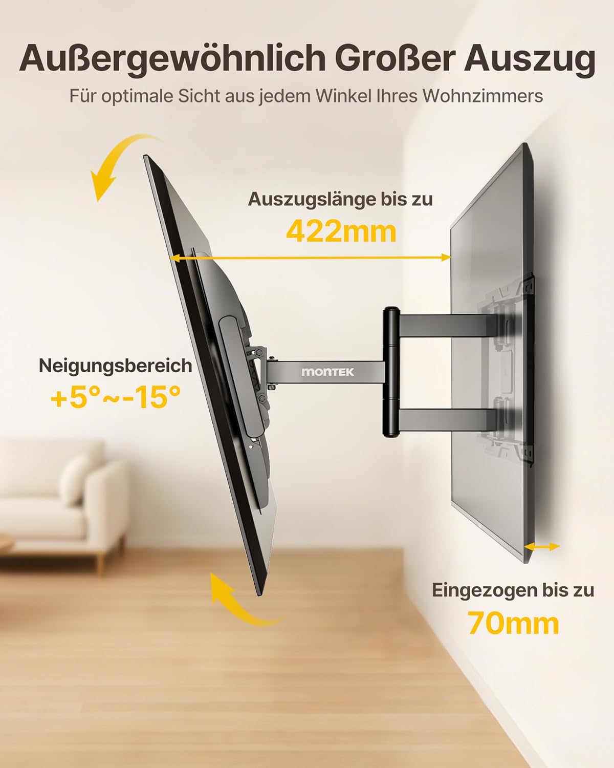 Thumbnail 3 de monTEK Vollbewegliche TV Wandhalterung 37–84 Zoll – schwenkbar, neigbar ohne Werkzeug, ausziehbar bis 422 mm, max. VESA 600x400