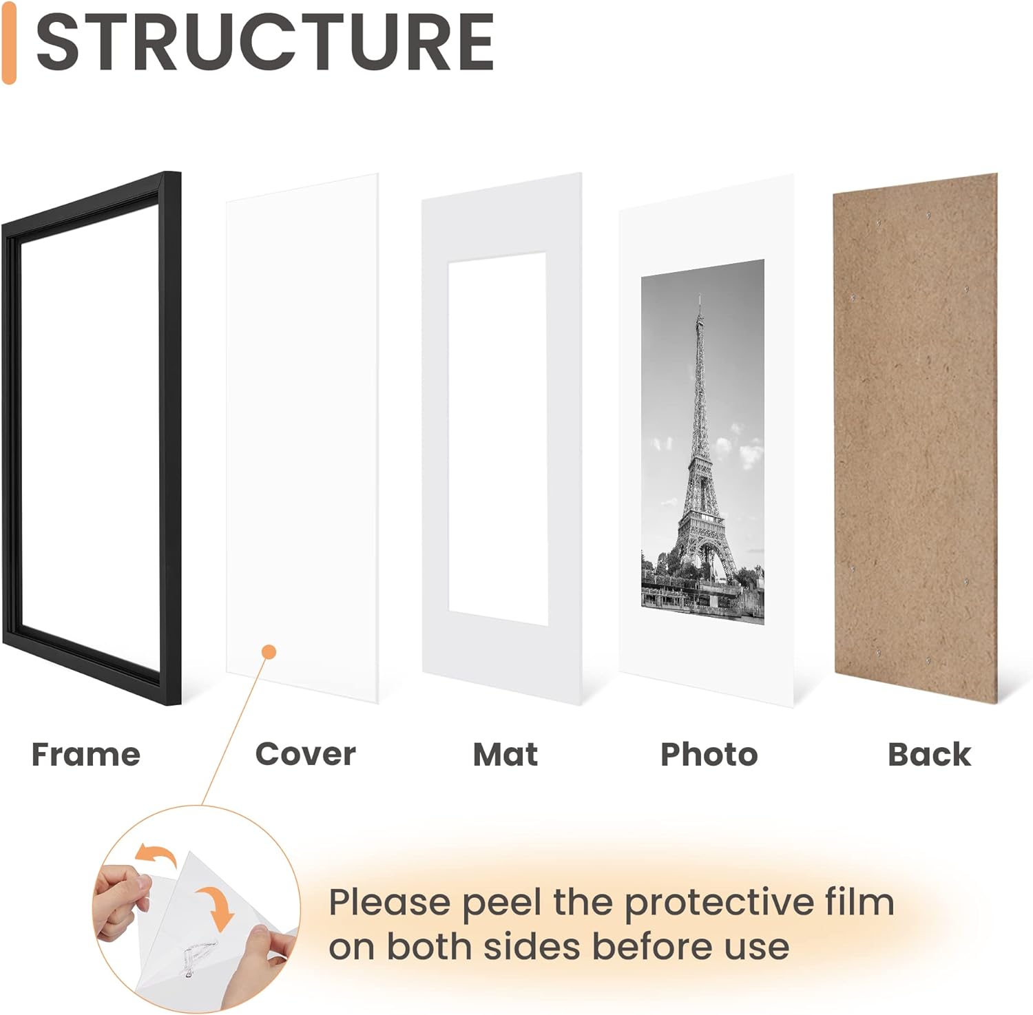 Detalle de upsimples 8.5x11 Picture Frame Set of 5, Black, Wall-Mounting, Plastic Cover