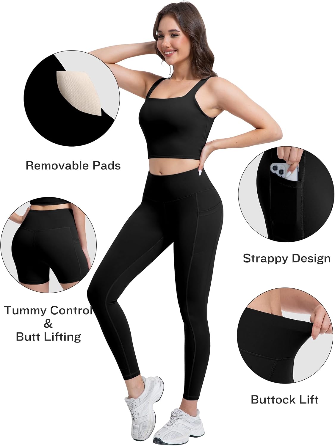 Detalle de SALSPOR 3-Piece Workout Set for Women: High-Waisted Leggings with Pockets, Tummy Control Shorts, and Backless Sports Bra