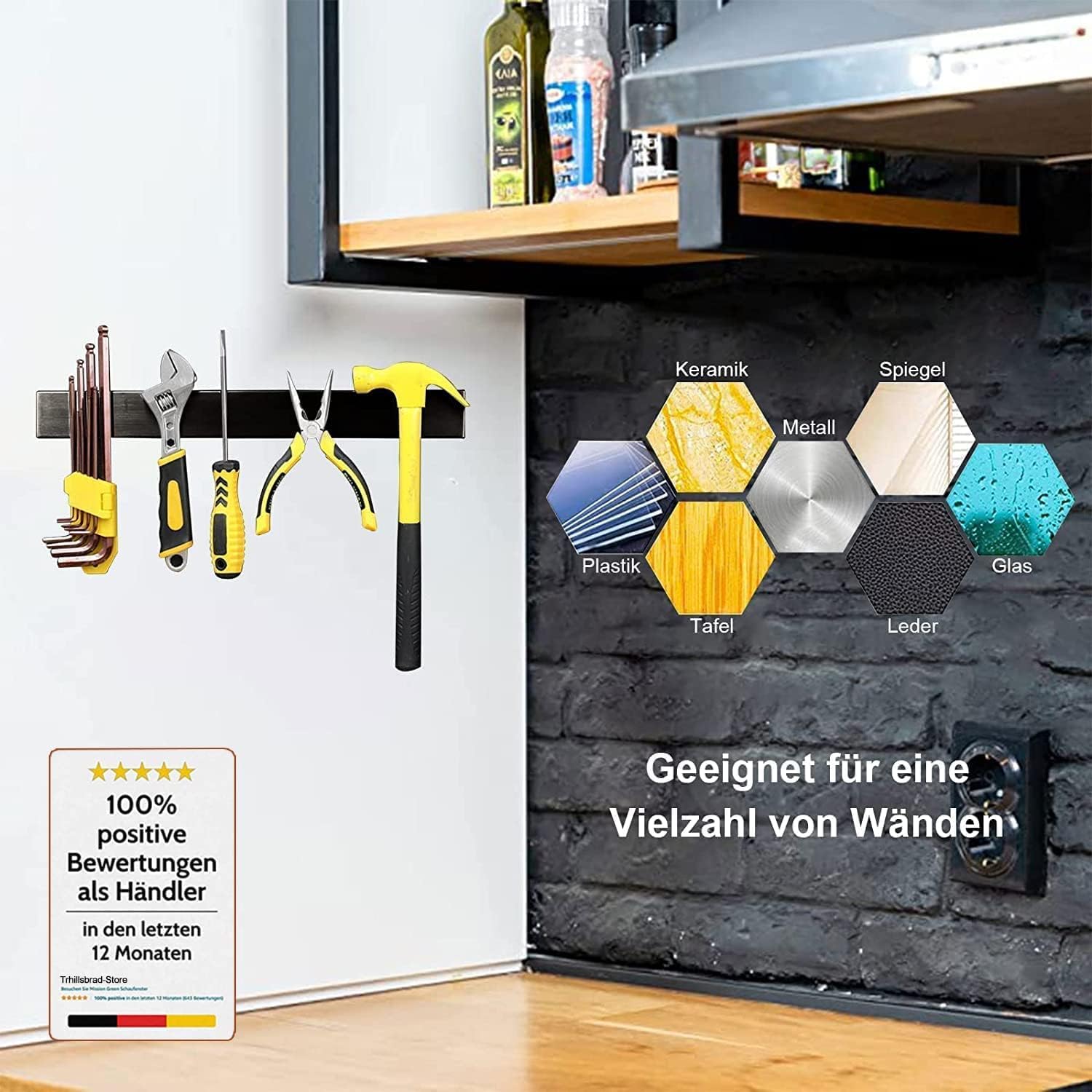 Detalle de trhillsbrad magnetische messenhouder 50 cm, zwart, met 3 haken