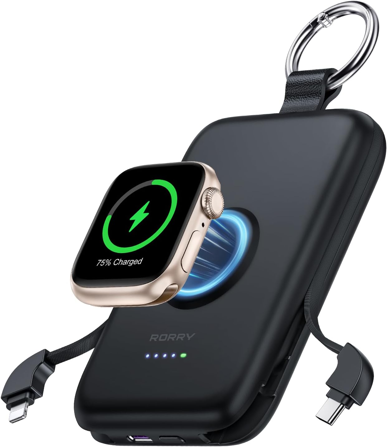 Detalle de RORRY 10000mAh PD 20W Portable Charger with Built-in Cables for iPhone and Apple Watch