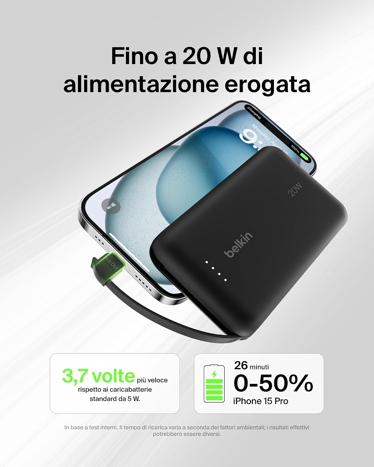 Thumbnail 1 de Belkin BoostCharge power bank 10.000 mAh con cavo integrato e ricarica USB-C PD fino a 20 W