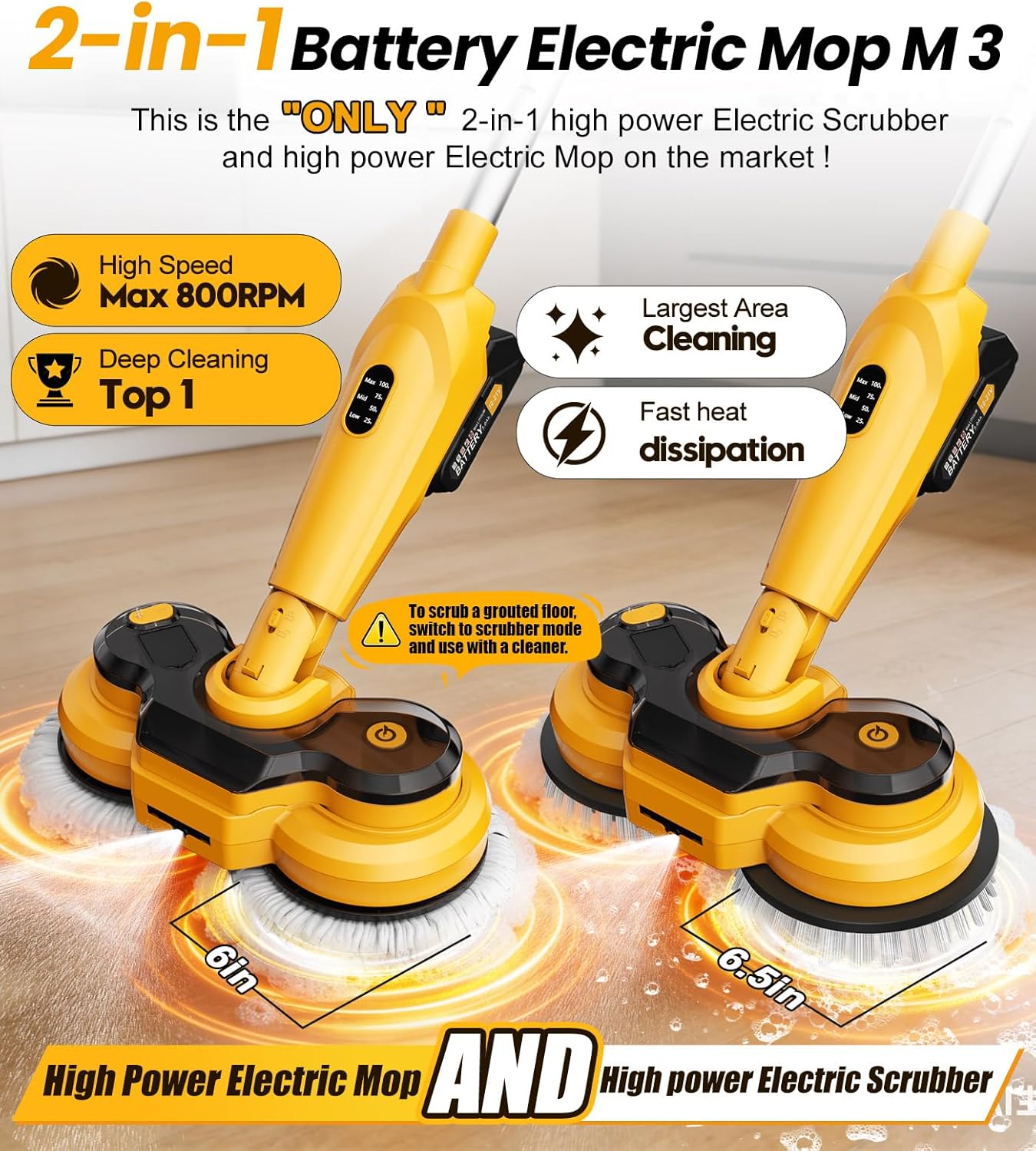 Detalle de qimedo M3 Pro 6000mAh Cordless Electric Mop & Scrubber — 800 RPM, Smart Display, LED Light, Water Spray