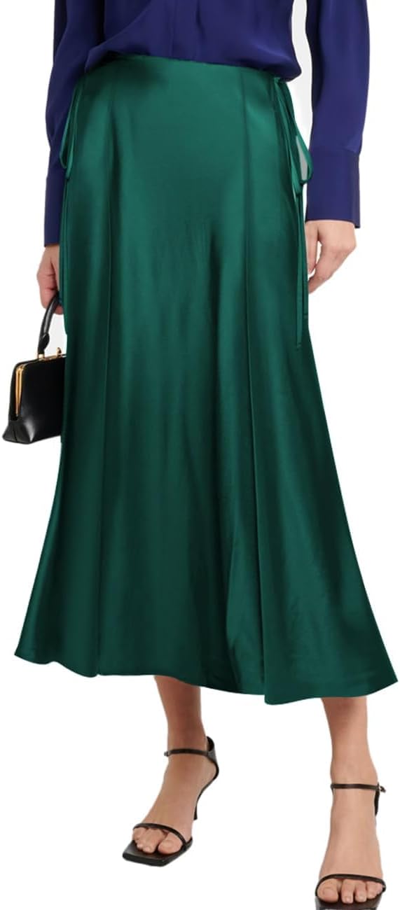 Detalle de MAYFASEY Women's Satin Midi Skirt – High Waist, A-Line with Side Zip