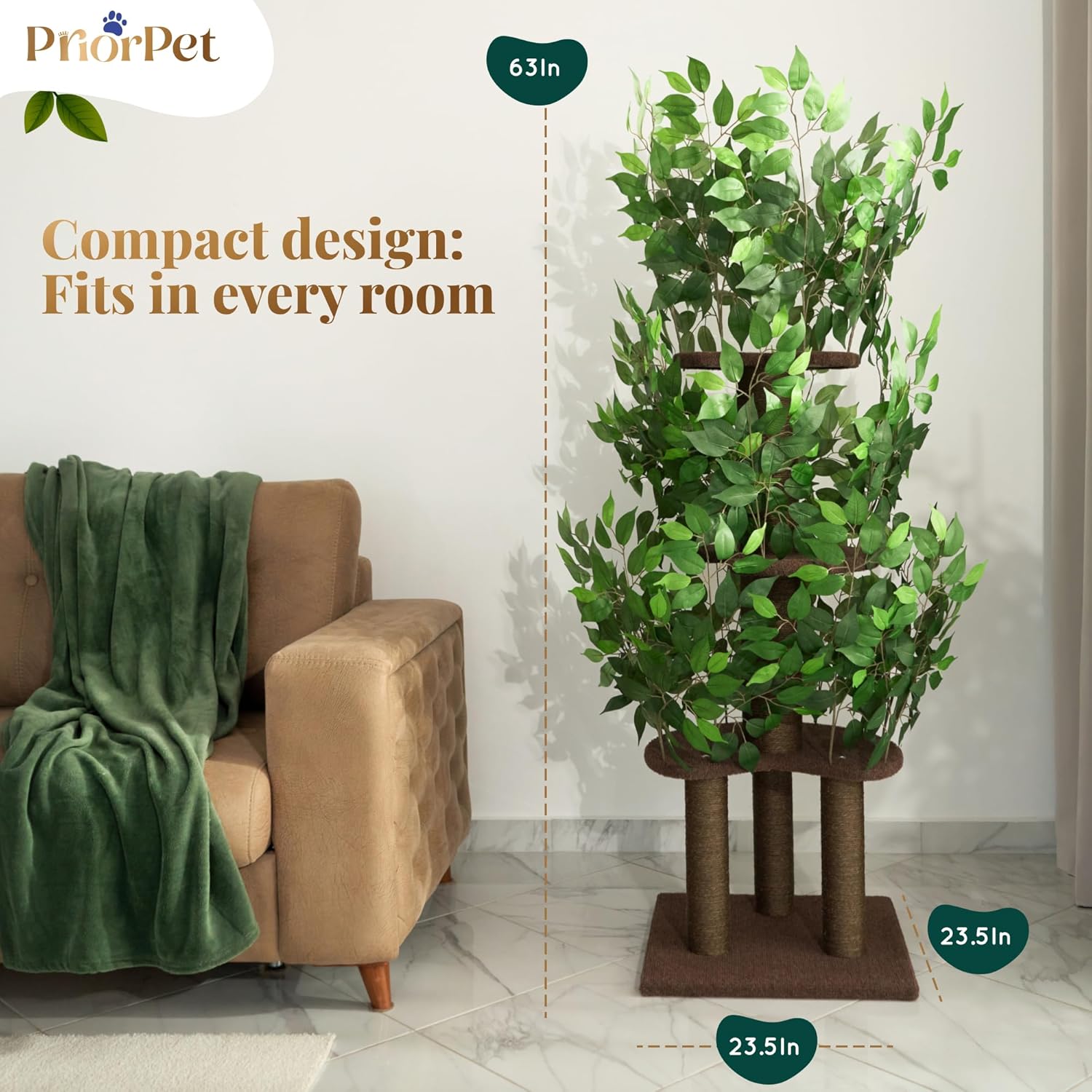Thumbnail 1 de PRIORPET Cat Tree with Leaves – Sturdy, Space-Saving and Scratch-Ready