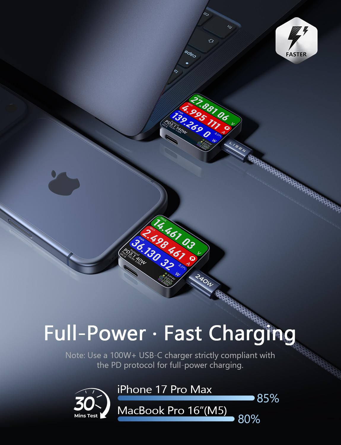 Detalle de LISEN USB-C to USB-C Cable 240W 6.6ft