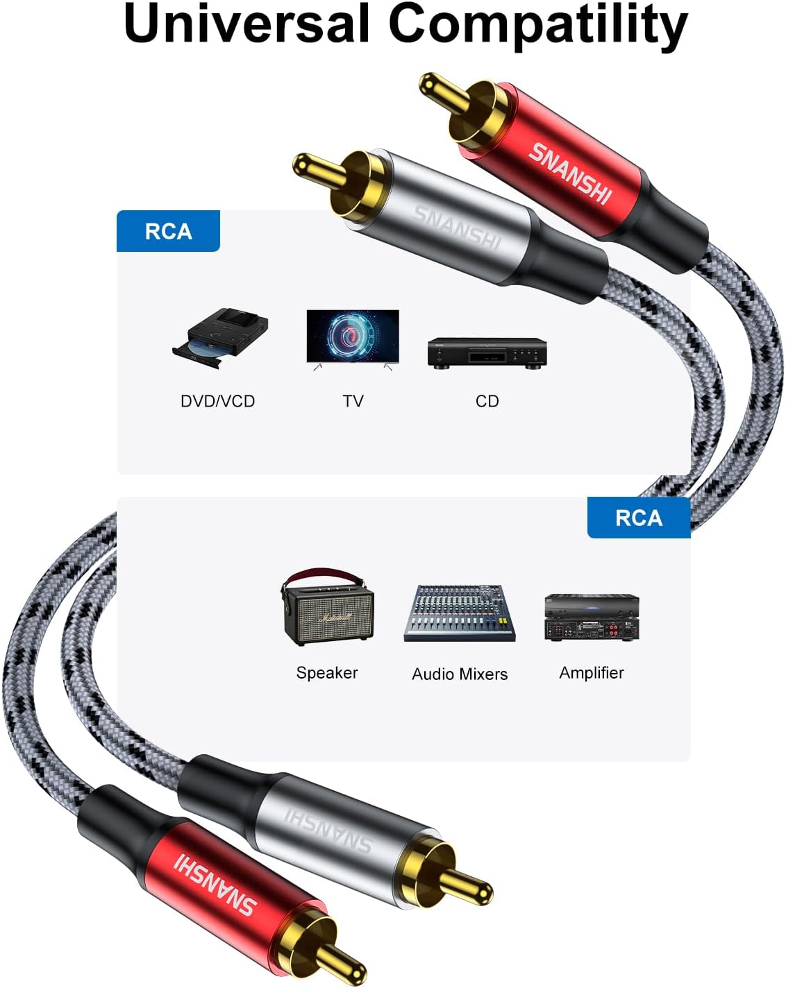 Thumbnail 3 de SNANSHI Nylon Braided 15ft RCA to RCA Audio Cable (2RCA to 2RCA) with Gold-Plated Connectors
