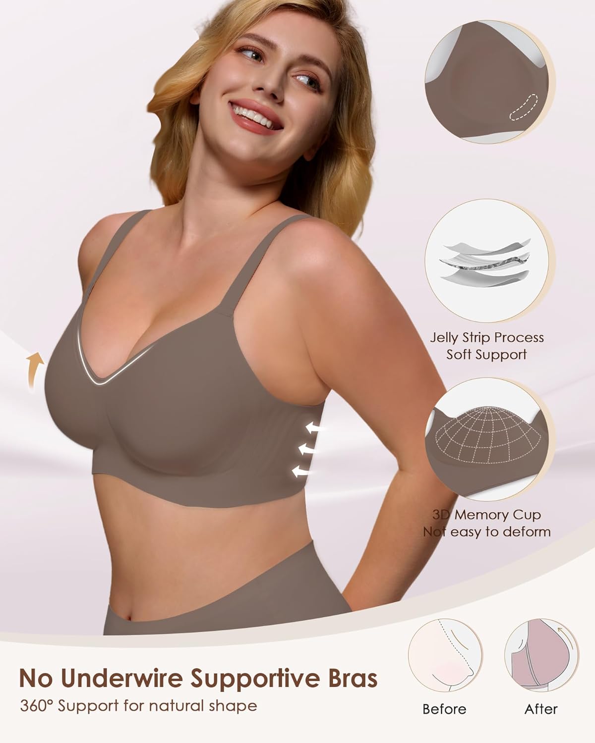 Detalle 2 de As Fairy Wire-Free Soft Comfort No-Underwire V-Neck Seamless Push Up Bralettes (Full Coverage)