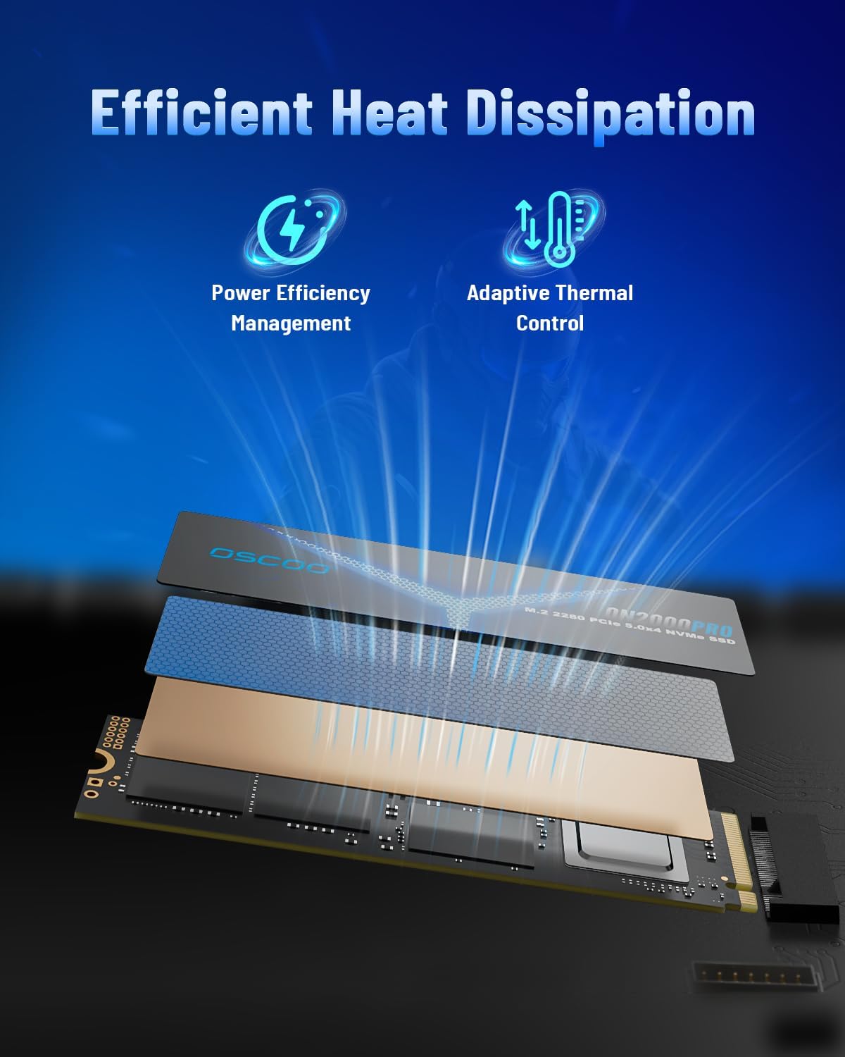 Detalle 2 de OSCOO 4TB NVMe Gen 5.0 SSD (ON2000PRO) — 14,000 MB/s Read, 13,000 MB/s Write with Graphene Heatsink