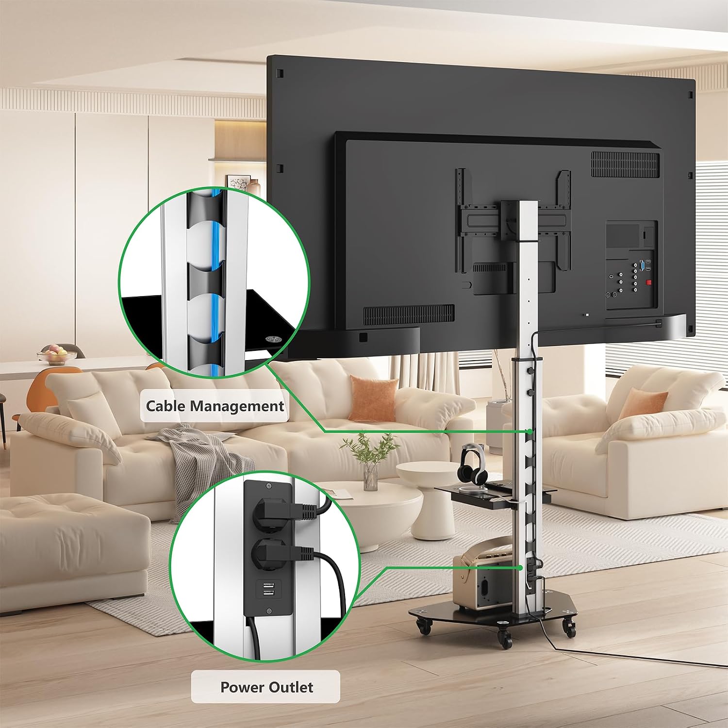 Detalle 2 de XTRARM Proton 300: Supporto TV mobile con ripiano e prese, per schermi 32–75 pollici (fino a 40 kg) in alluminio nero