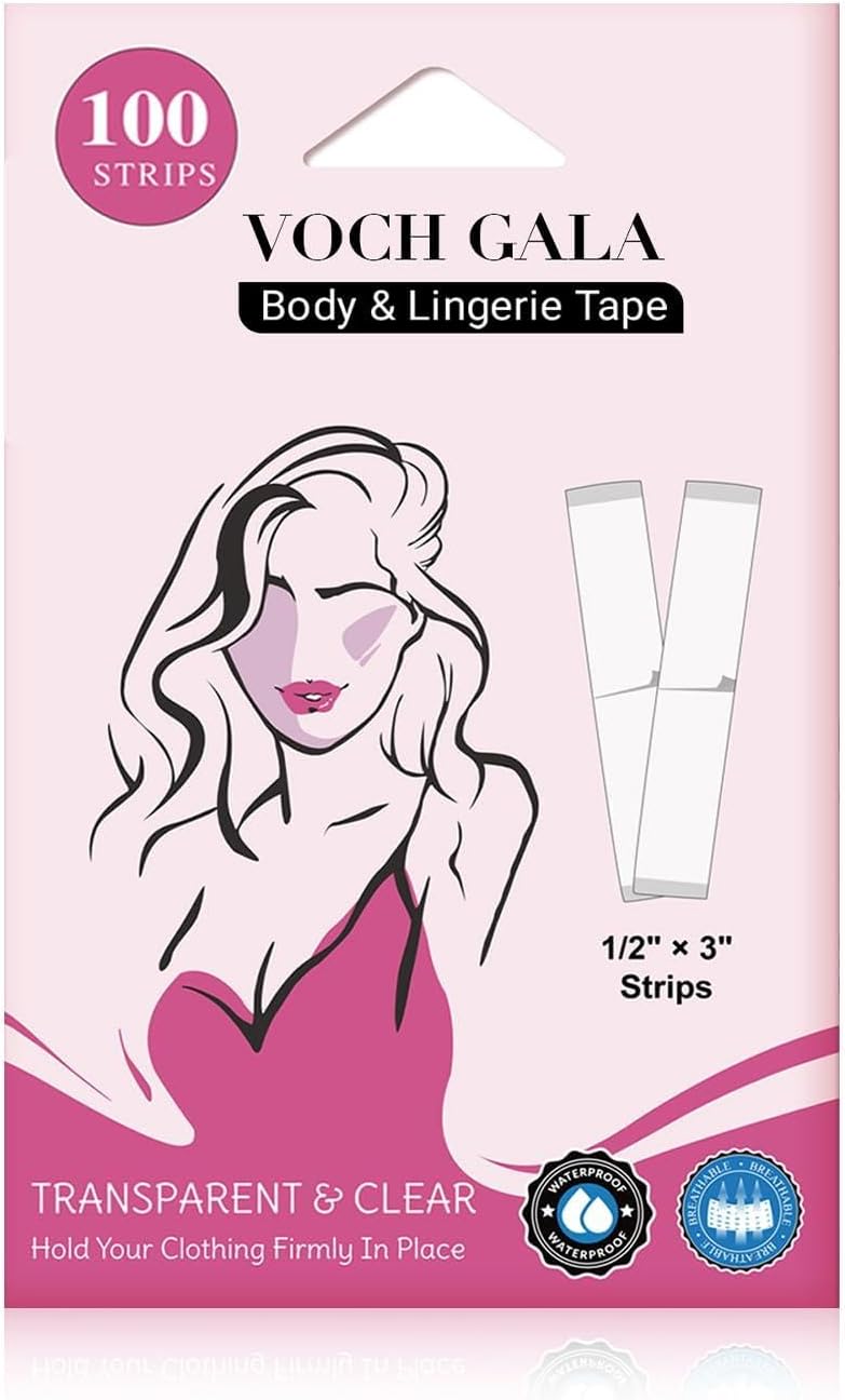 VOCH GALA Double Sided Tape for Clothes & Body (100 Strips) — Hypoallergenic, Low-Residue Hold for Bridal & Everyday Wear
