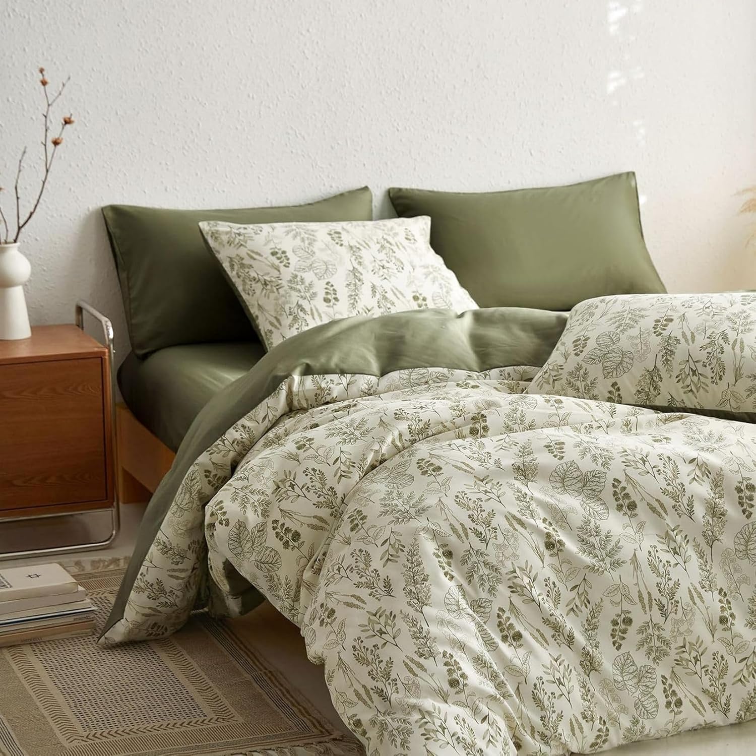 Detalle 2 de Tospass Housse de couette 220x240 cm microfibre vert olive à fleurs avec fermeture éclair et 2 taies 65x65 cm