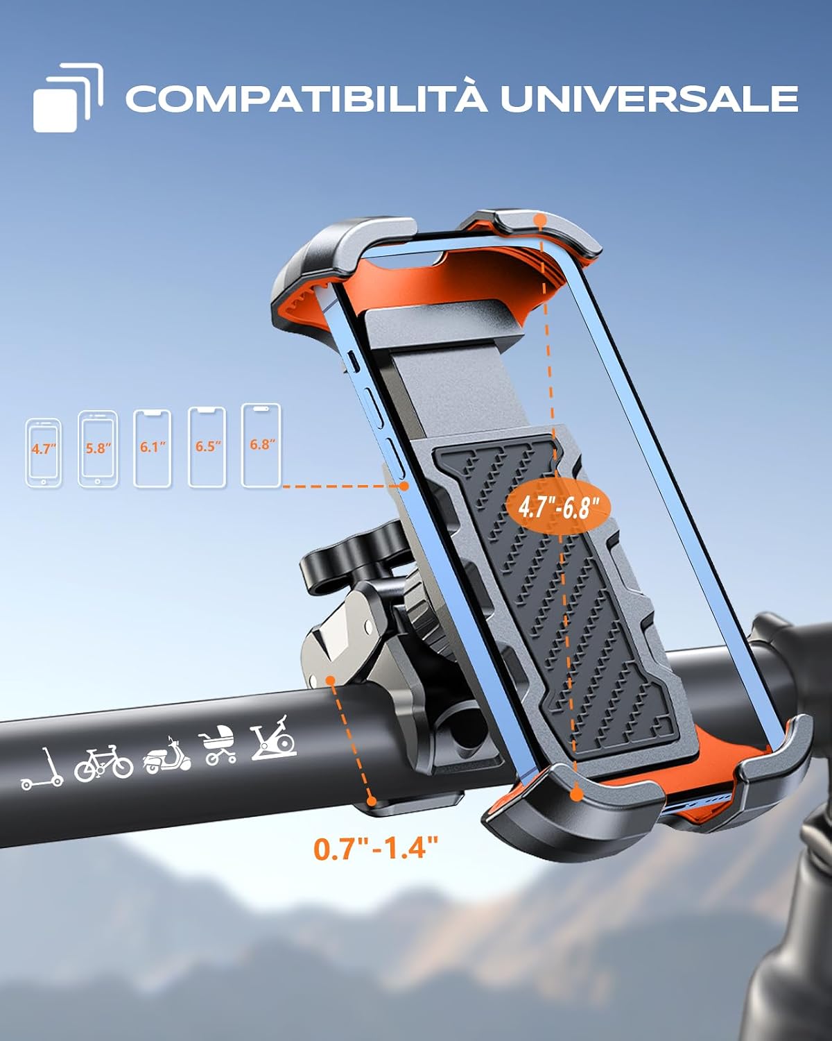 Detalle de CIRYCASE Porta Cellulare Moto e Bici con Morsetto Gravosi: robusto supporto universale per manubrio 4.7–6.8