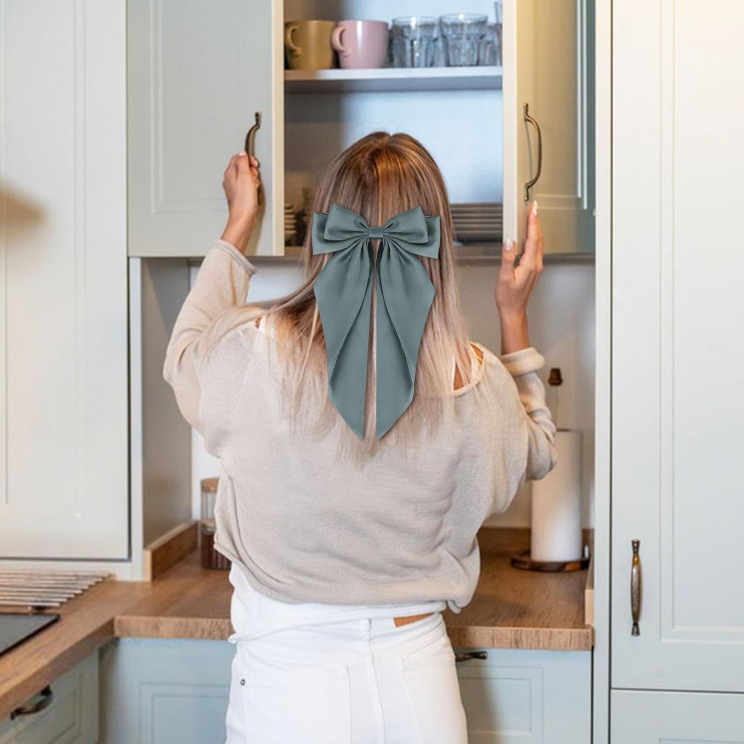 Detalle de Fnaobai Große Schleifen Haarspangen – 6er Set Satin-Clip mit langen Schwänzen