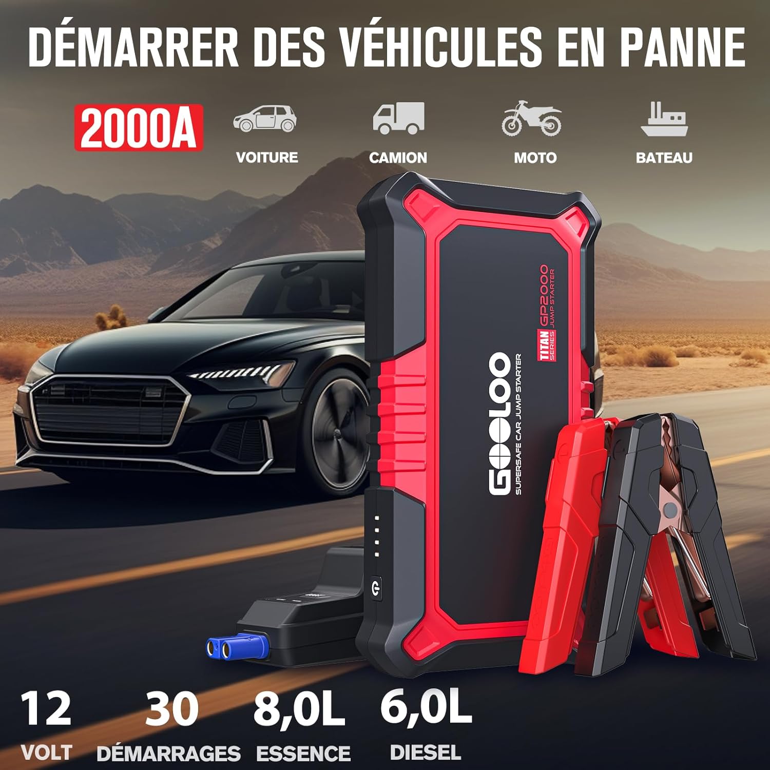 Detalle 2 de GOOLOO GP2000 Booster Batterie Voiture 12V 2000A avec pinces sécurité intelligentes, lampe LED et sorties charge rapide 3.0