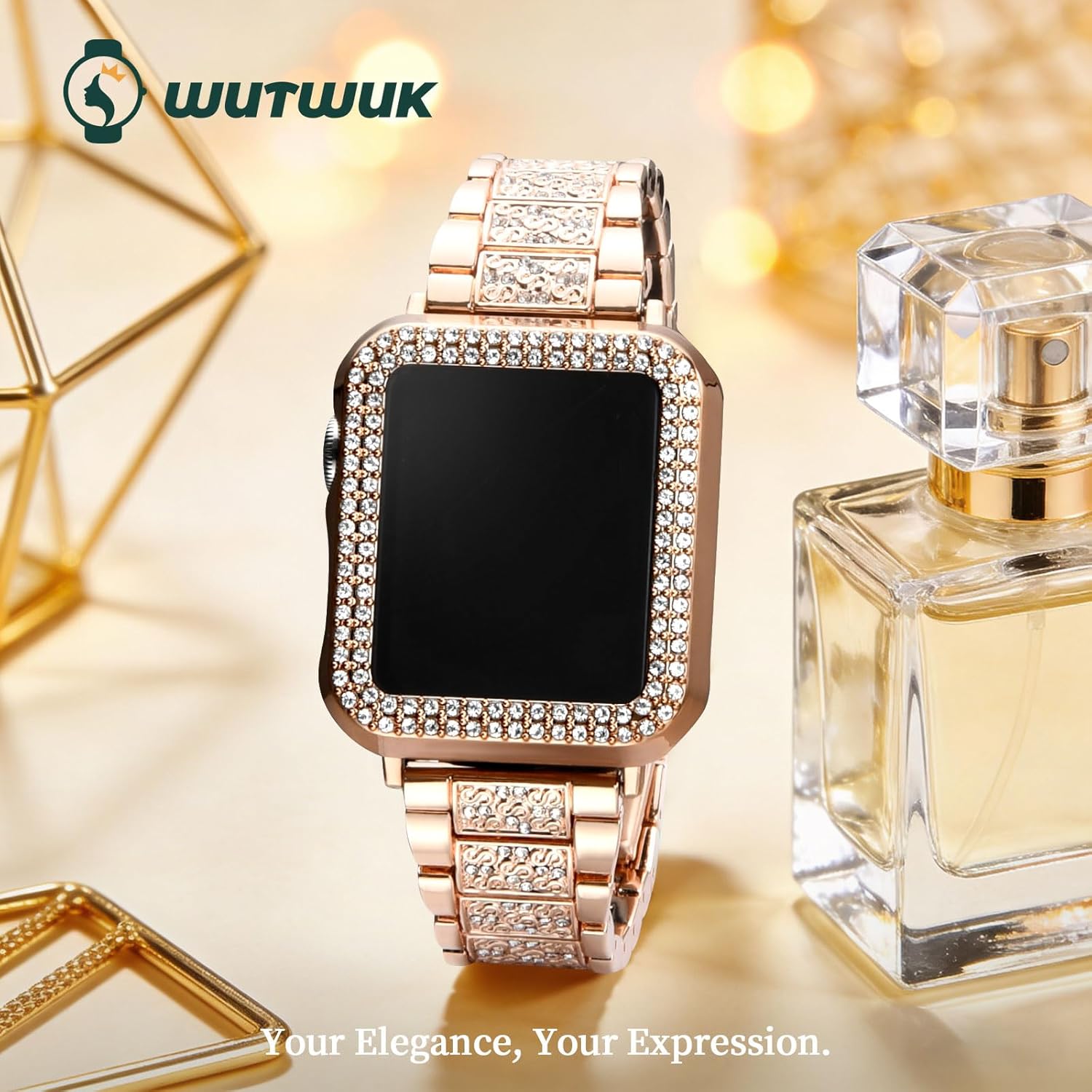 Thumbnail 1 de wutwuk Compatible Apple Watch 41mm metal sparkling strap in rose gold with rhinestone bling case