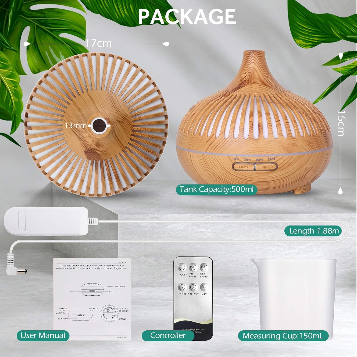 Thumbnail 5 de GeeRic Diffuseur d’huiles essentielles 500 ml avec 8 huiles (10 ml) et humidificateur à ultrasons