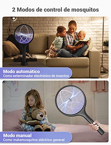 Detalle de YISSVIC Raqueta Matamoscas Eléctrica 2 en 1 4000V USB Recargable 1500mAh – Negro