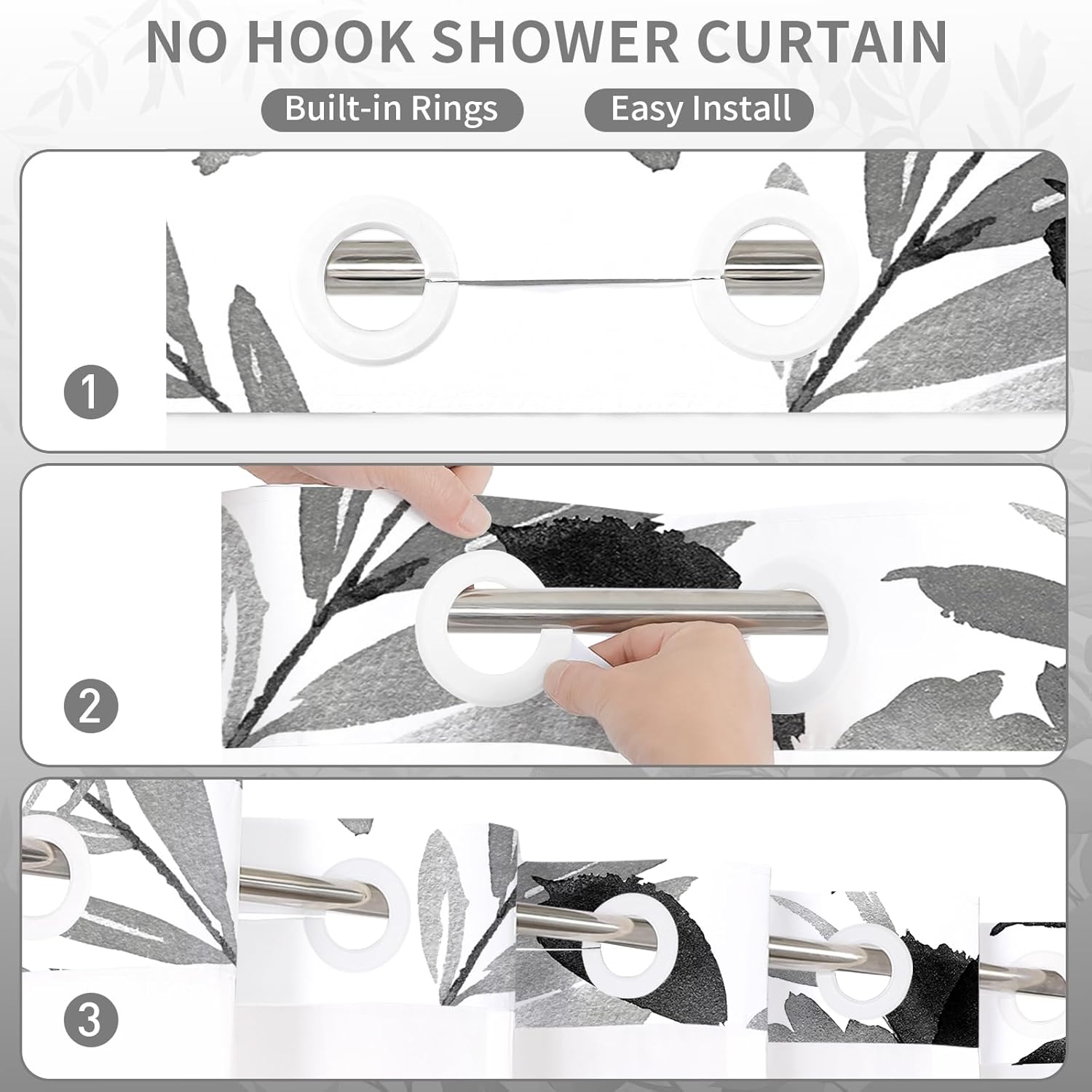 Detalle de Litabel No Hook Black Watercolor Floral Shower Curtain and Liner Set, 72x74