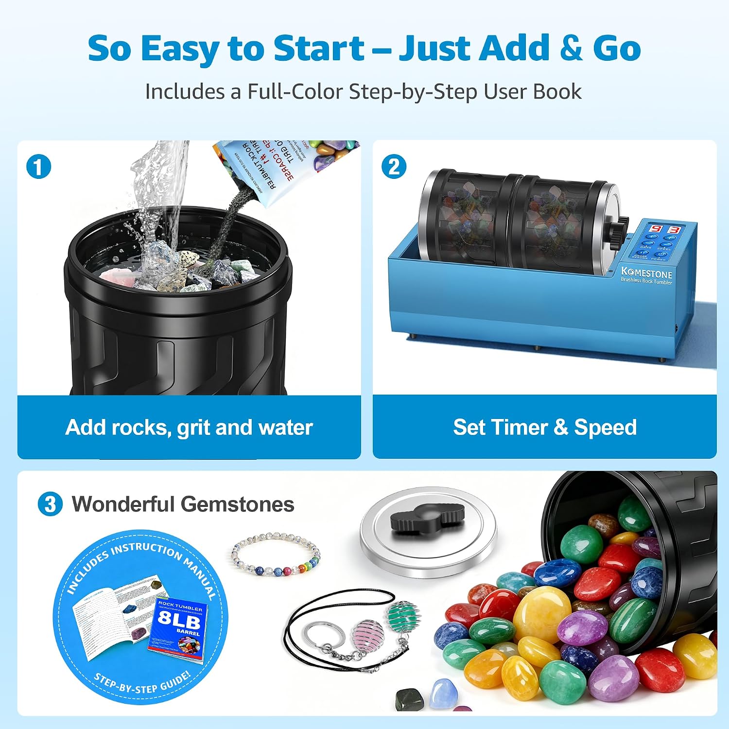 Thumbnail 6 de Dual-Barrel Rock Tumbler Kit – 8LB Extra Large Capacity (4LB × 2) with Brushless Motor