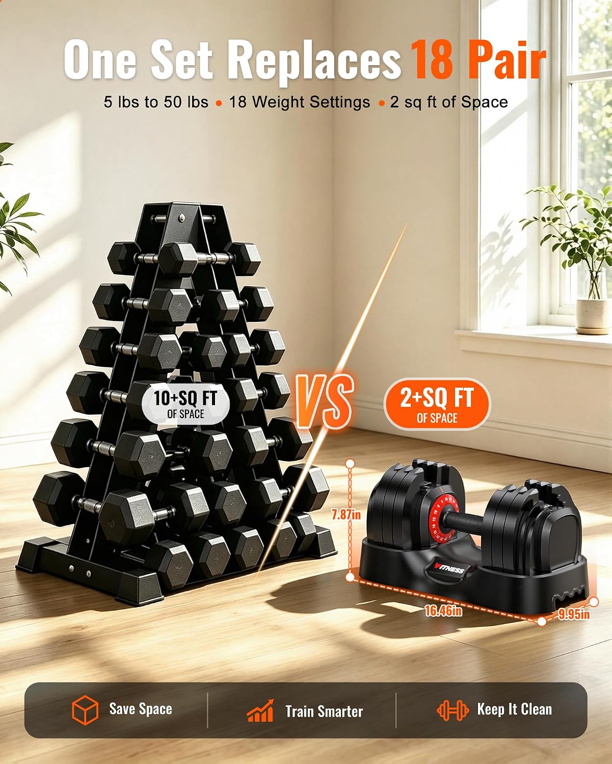 Detalle de Rendpas Adjustable Dumbbells, 5–50 lb, 18 Settings, Dual-Lock Safety