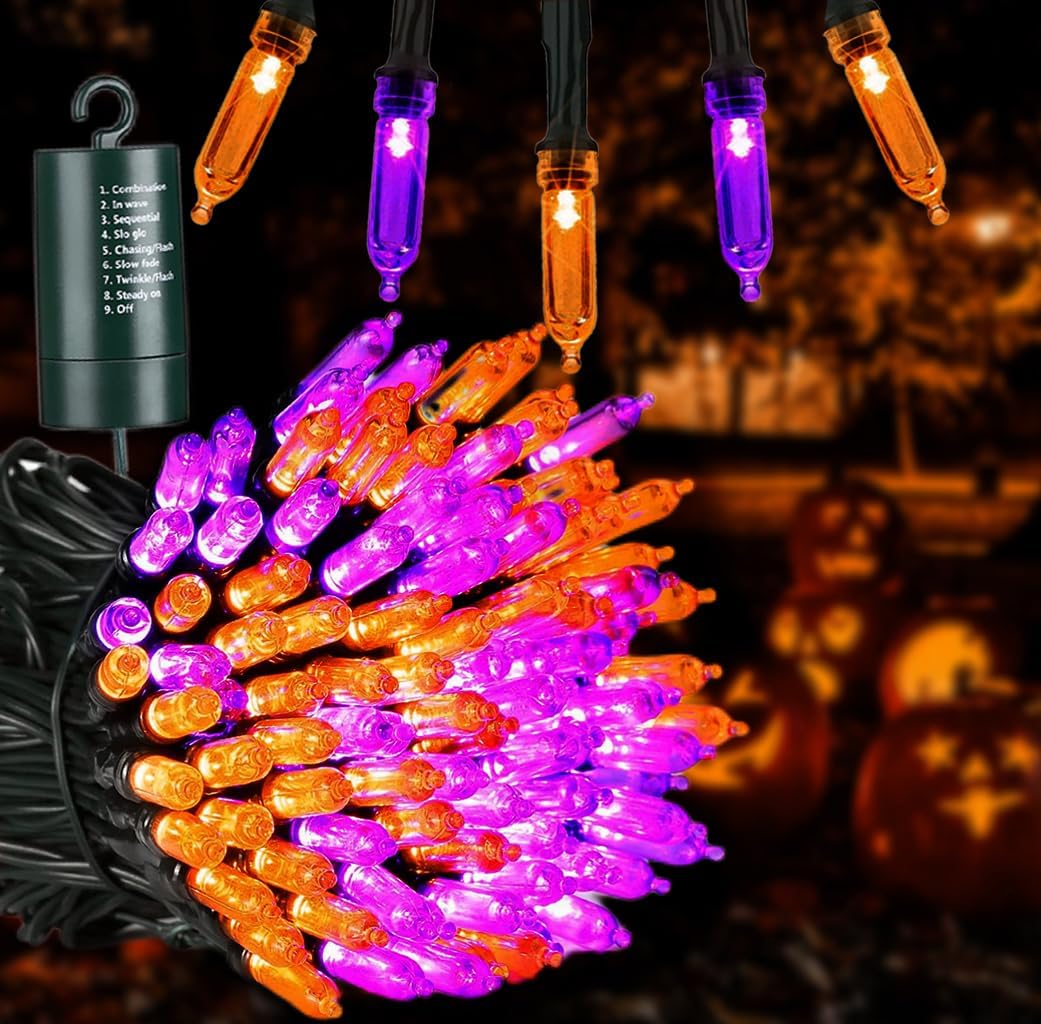 Detalle de Joomer Battery-Operated Halloween String Lights, 33 Feet, 100 Orange and Purple LEDs