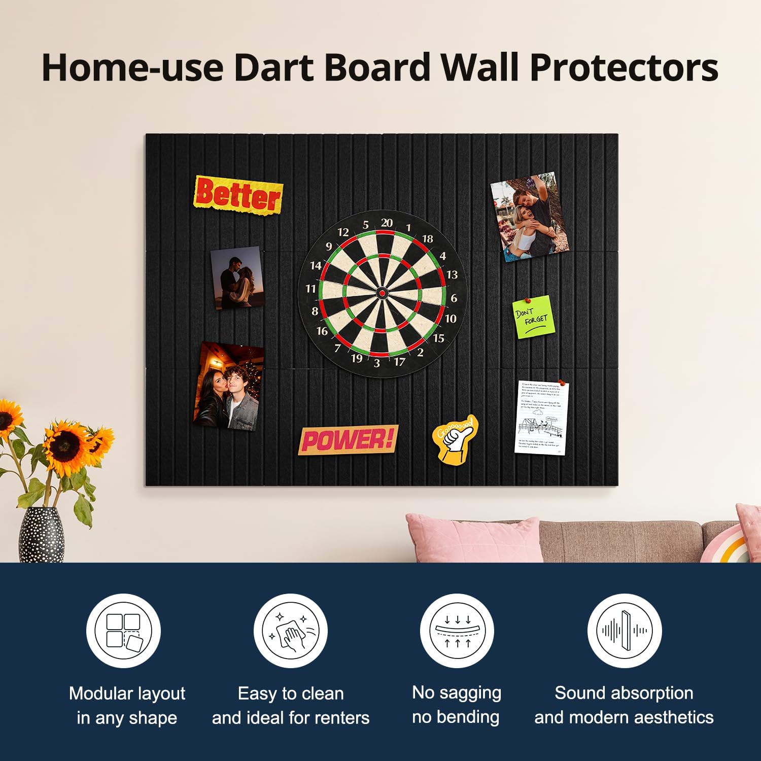 Detalle de Woovio Felt Bulletin Board, 12-Pack Black Wall Tiles with 60 Adhesive Tabs