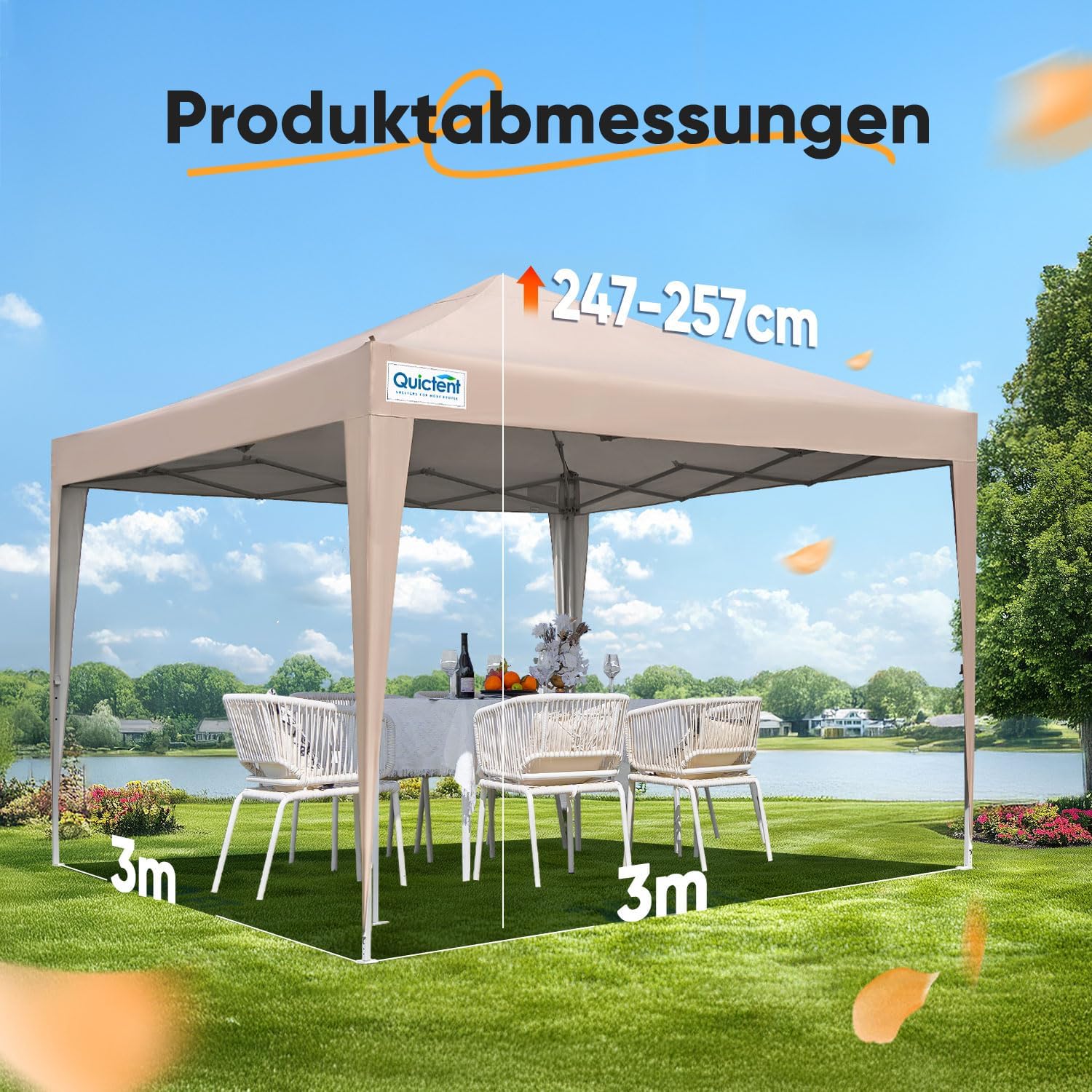 Detalle 2 de Quictent Pavillon 3x3m mit 4 Seitenwänden – beige, wasserdicht