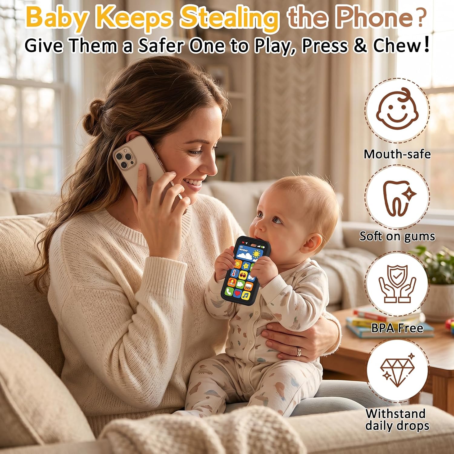Detalle de Wovinda Silicone Baby Phone Teether, BPA-Free Sensory Toy for 3+ Months