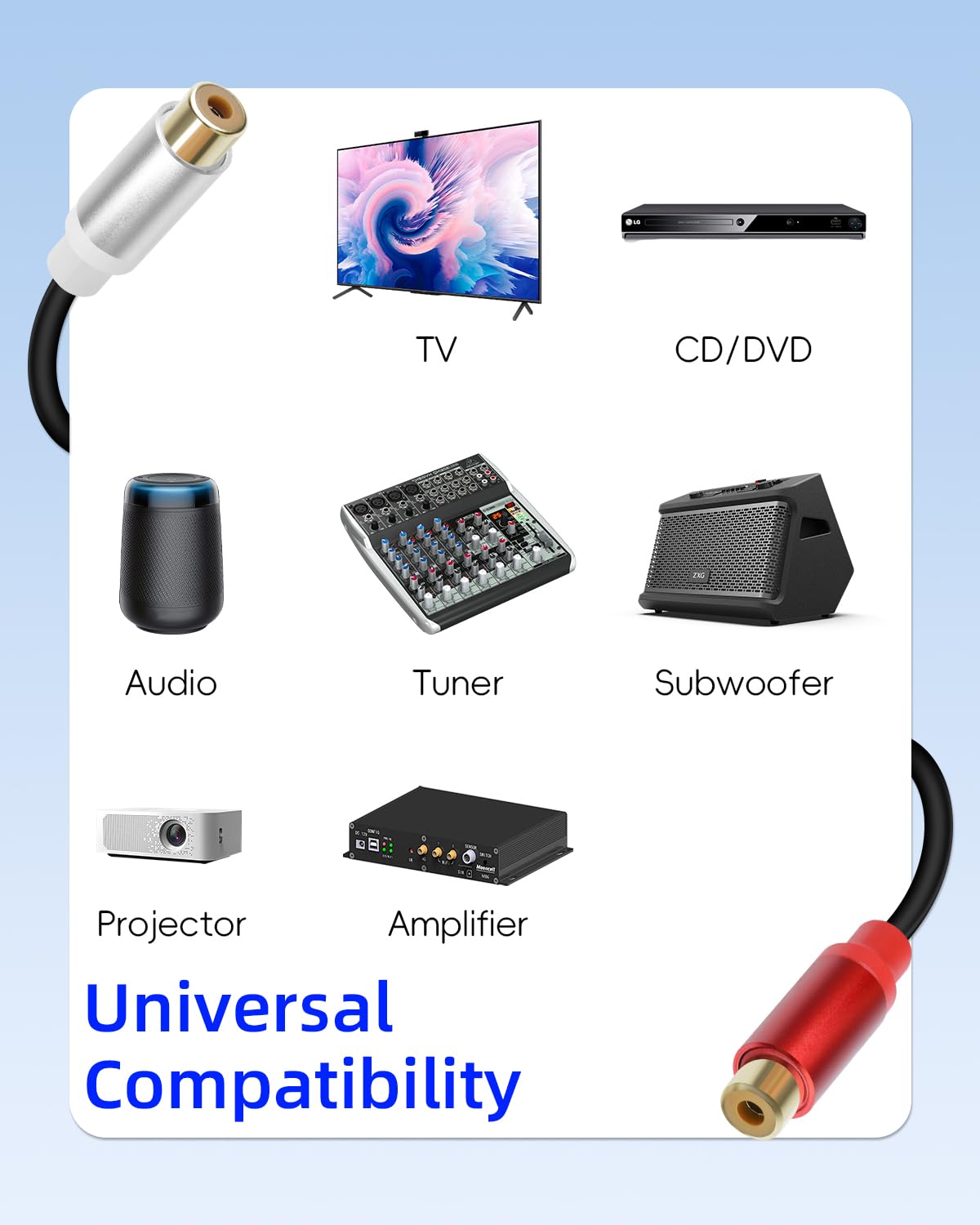 Thumbnail 6 de 2Pack RCA Splitter GELRHONR (1 Male to 2 Female) – Phono Y Adapter Cable for Subwoofers, Home Cinema & Speakers