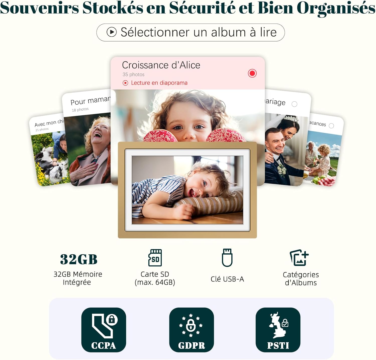 Thumbnail 3 de Frameo Cadre Photo Numérique WiFi 10,1 pouces Or Sunset – 32 Go et Écran HD IPS