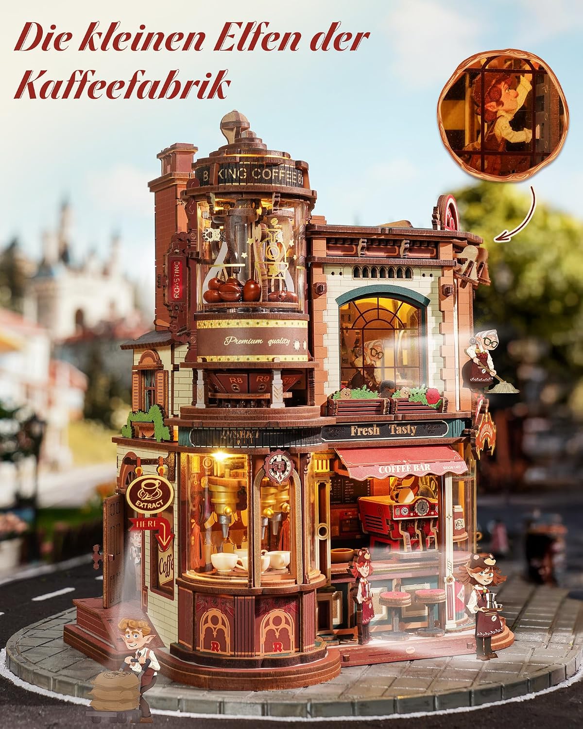Detalle 2 de ROKR Dream Coffee Factory EAB02 – DIY Miniatur-Puppenhaus mit Spieluhr, LED-Beleuchtung und Jazzmusik
