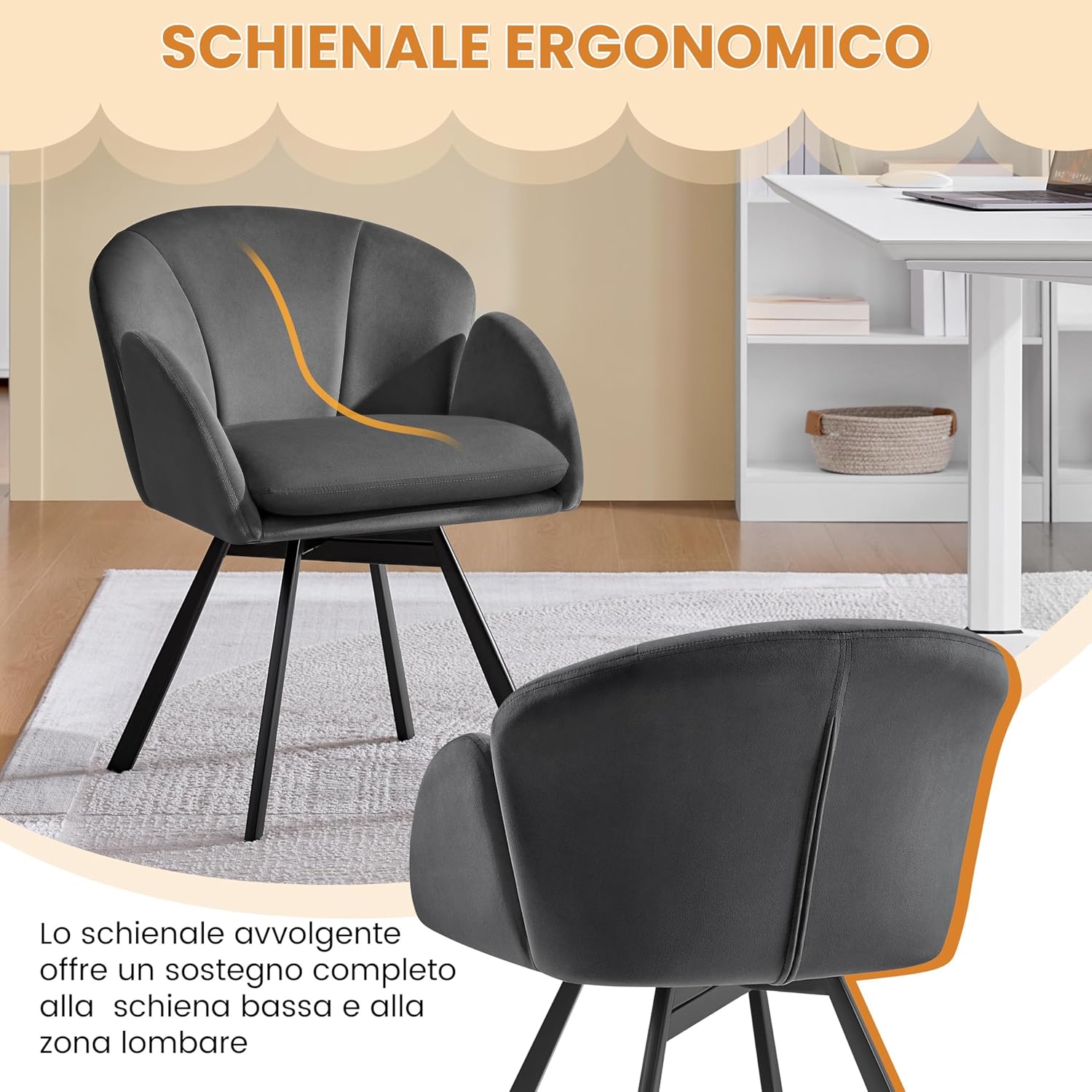 Thumbnail 6 de Yaheetech Poltrona Girevole a 360° in velluto ciniglia: sedia da make-up elegante per camera o ufficio, grigio scuro