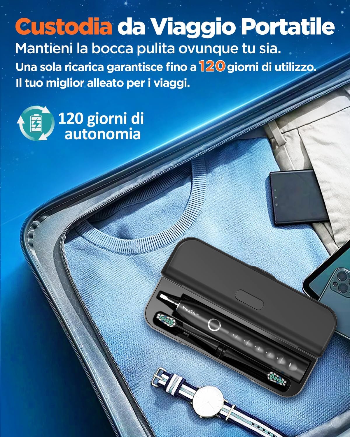 Detalle 2 de Spazzolino Elettrico Sonico Adulti con 8 Testine – 5 Modalità, Custodia da Viaggio, Autonomia fino a 120 giorni