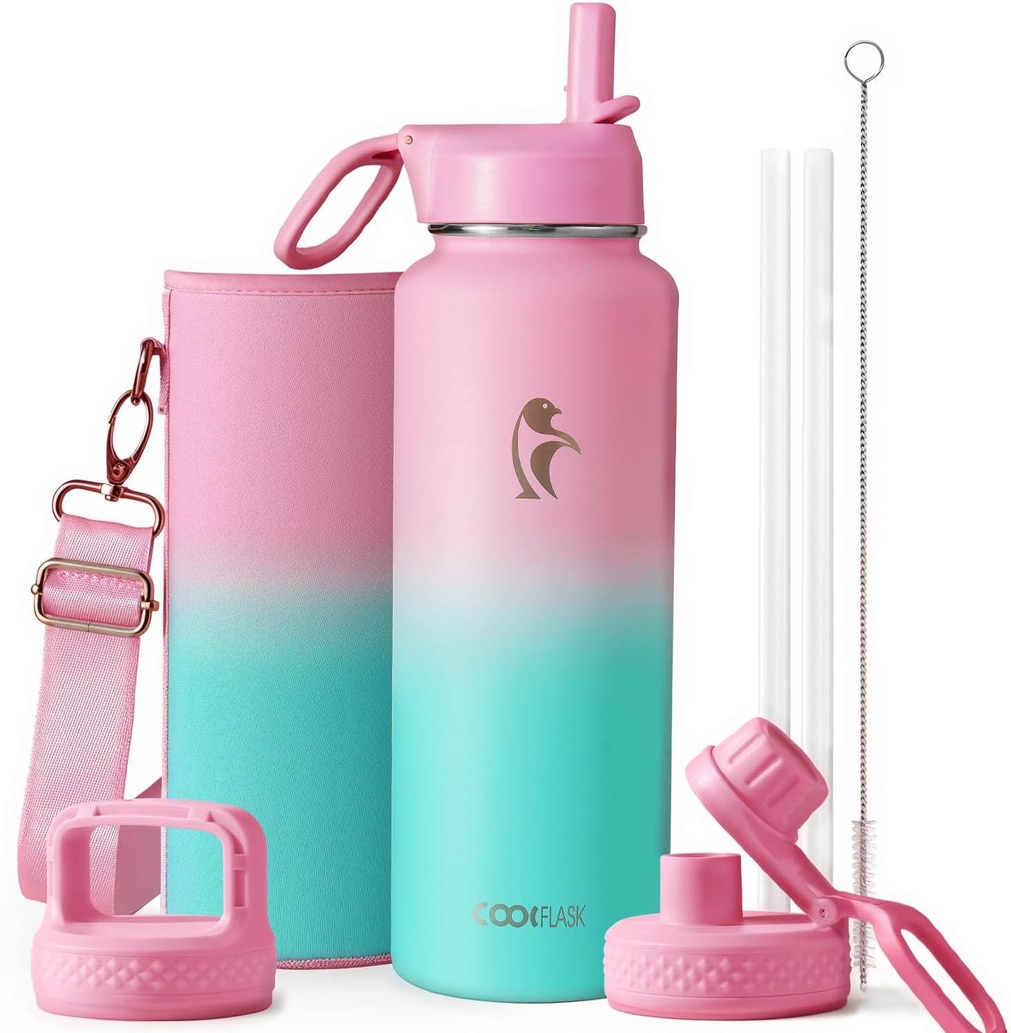 Detalle de Coolflask Long-lasting insulated water bottle, 40 oz, 3 lids, Bubblegum Princess