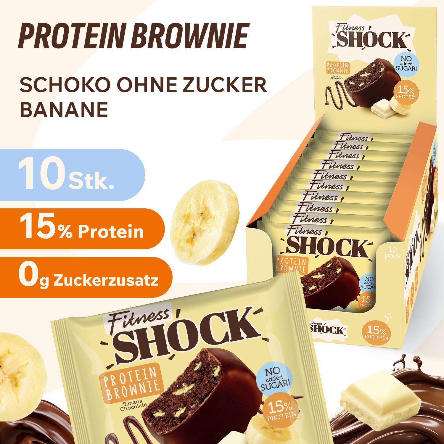 Detalle de FitnesSHOCK Protein Brownie Snack Banane – 10 x 50 g, Low Carb, mit 15% Eiweiß