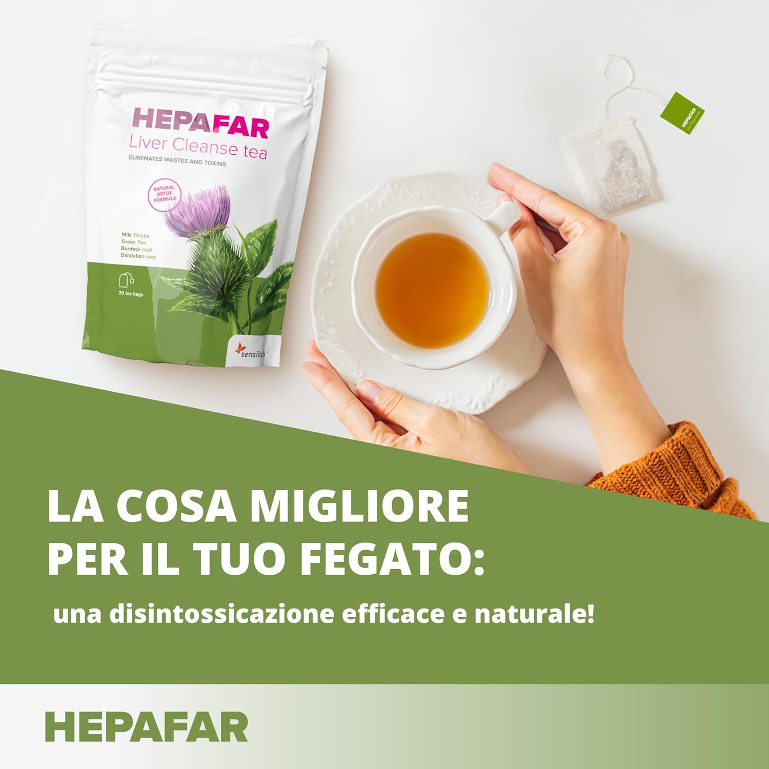 Thumbnail 5 de Sensilab Hepafar Liver Cleanse – Tisana depurativa con cardo mariano, tè verde, bardana e dente di leone, 80 bustine