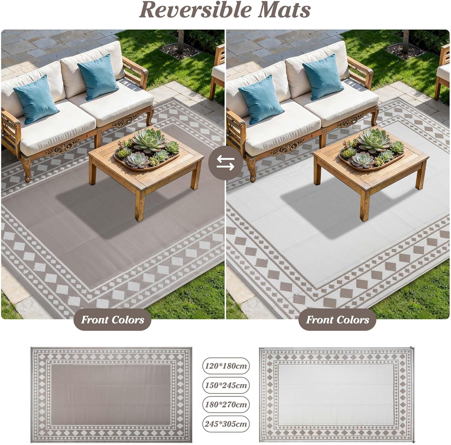 Thumbnail 4 de Homcomodar Outdoor Rugs for Patios Waterproof, Reversible UV Resistant Plastic Carpet (180x270cm) – Beige
