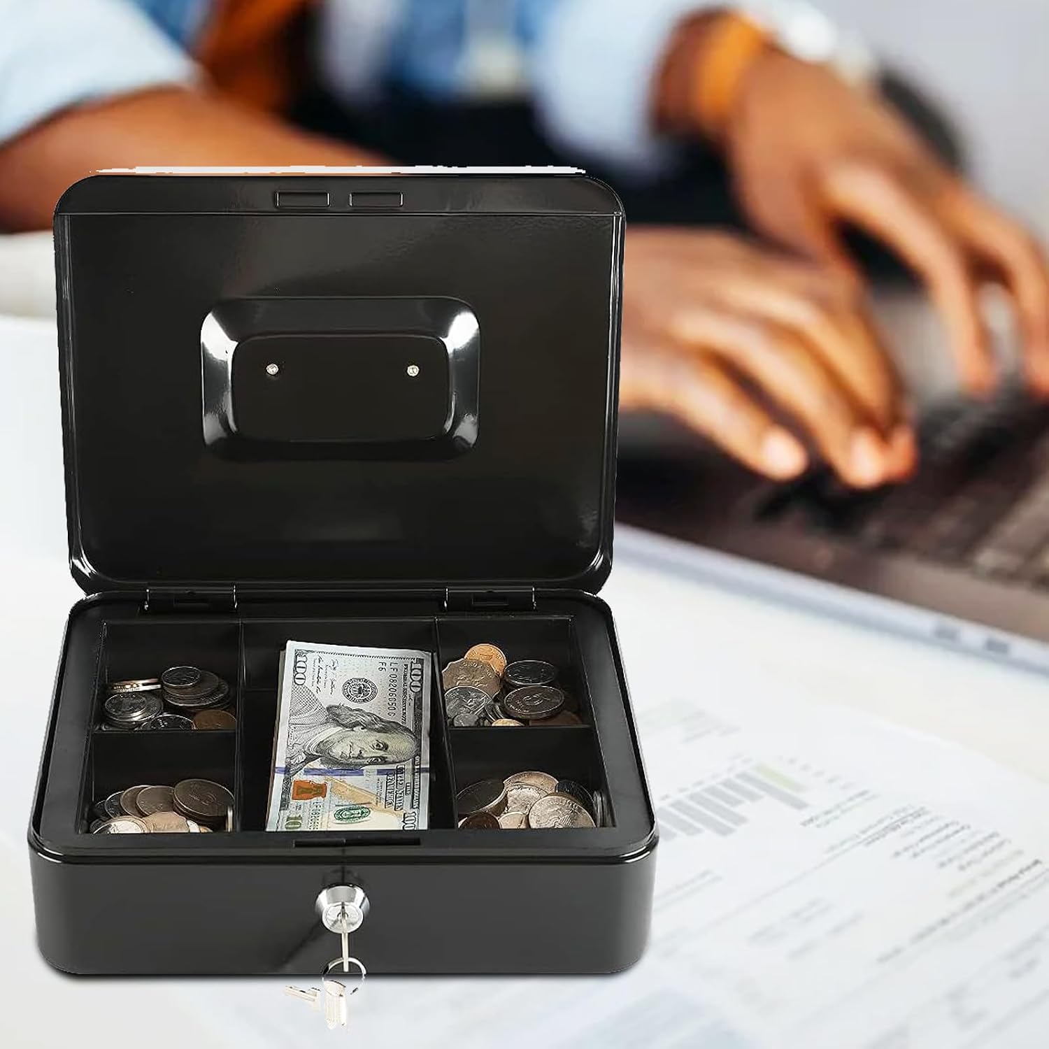 Detalle 2 de xydled XYD-QX-KL-M-8011 Cash Box with Key Lock, Removable Tray, Black