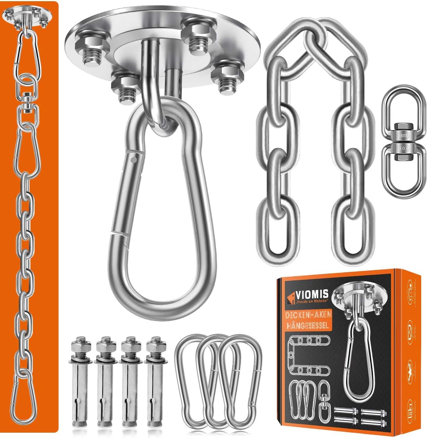 Detalle de Viomis Deckenhaken für Hängesessel (bis 400 kg) – 360° Drehung, Edelstahl-Komplettset mit 30 cm Kette & 3 Karabinern