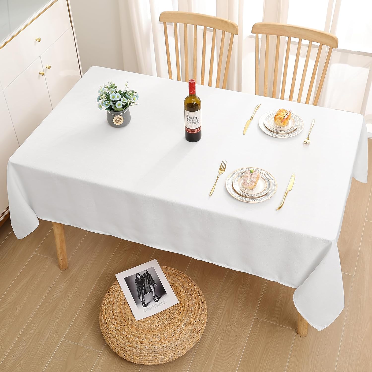 Detalle de smiry Leinenoptik Tischdecke mit Lotuseffekt, abwaschbar, eckig 140 x 180 cm (weiß)