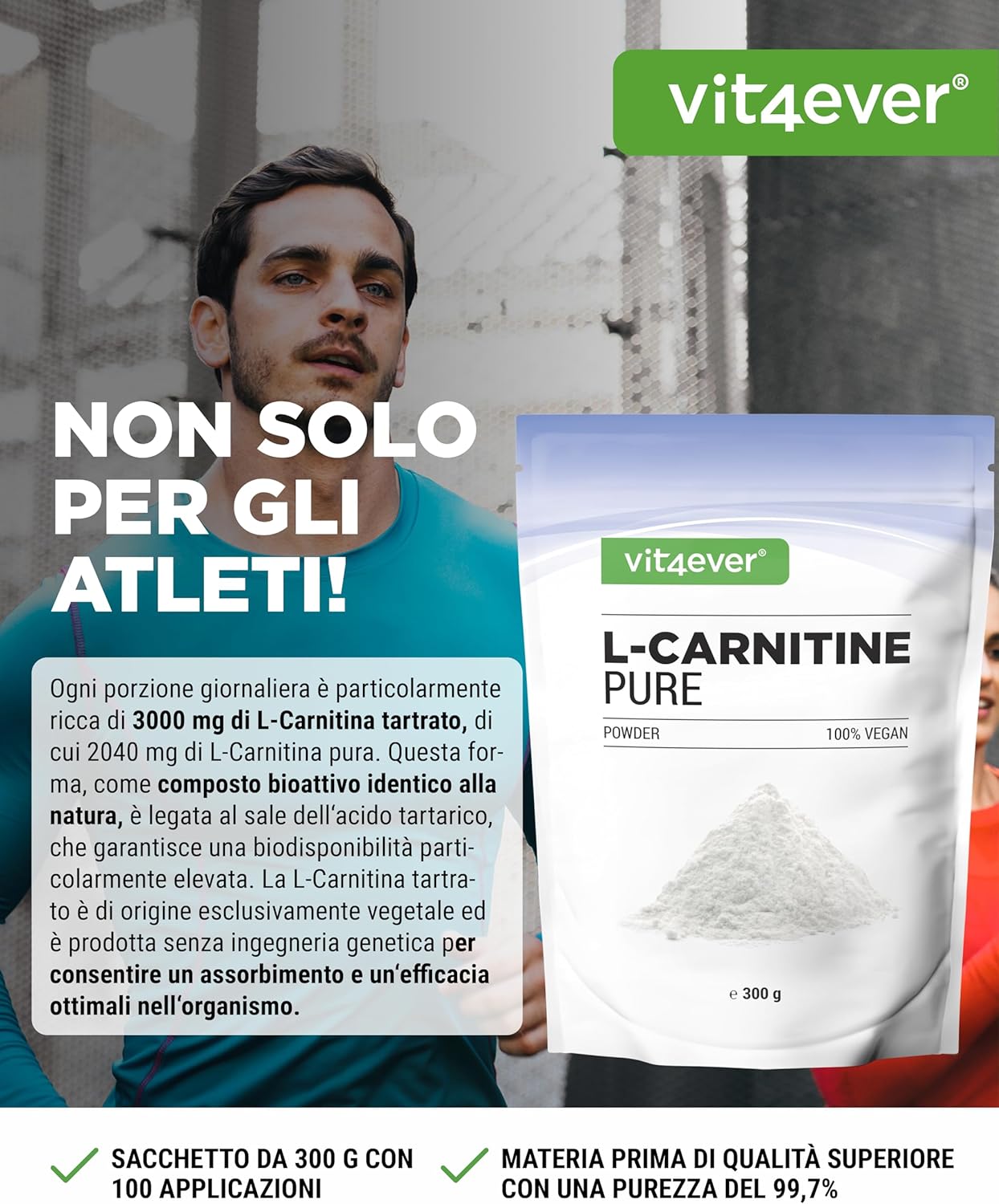 Thumbnail 1 de L-Carnitine Pure 300 g in polvere (L-Carnitina Tartrato) – 100 porzioni da 3 g, 100% vegano