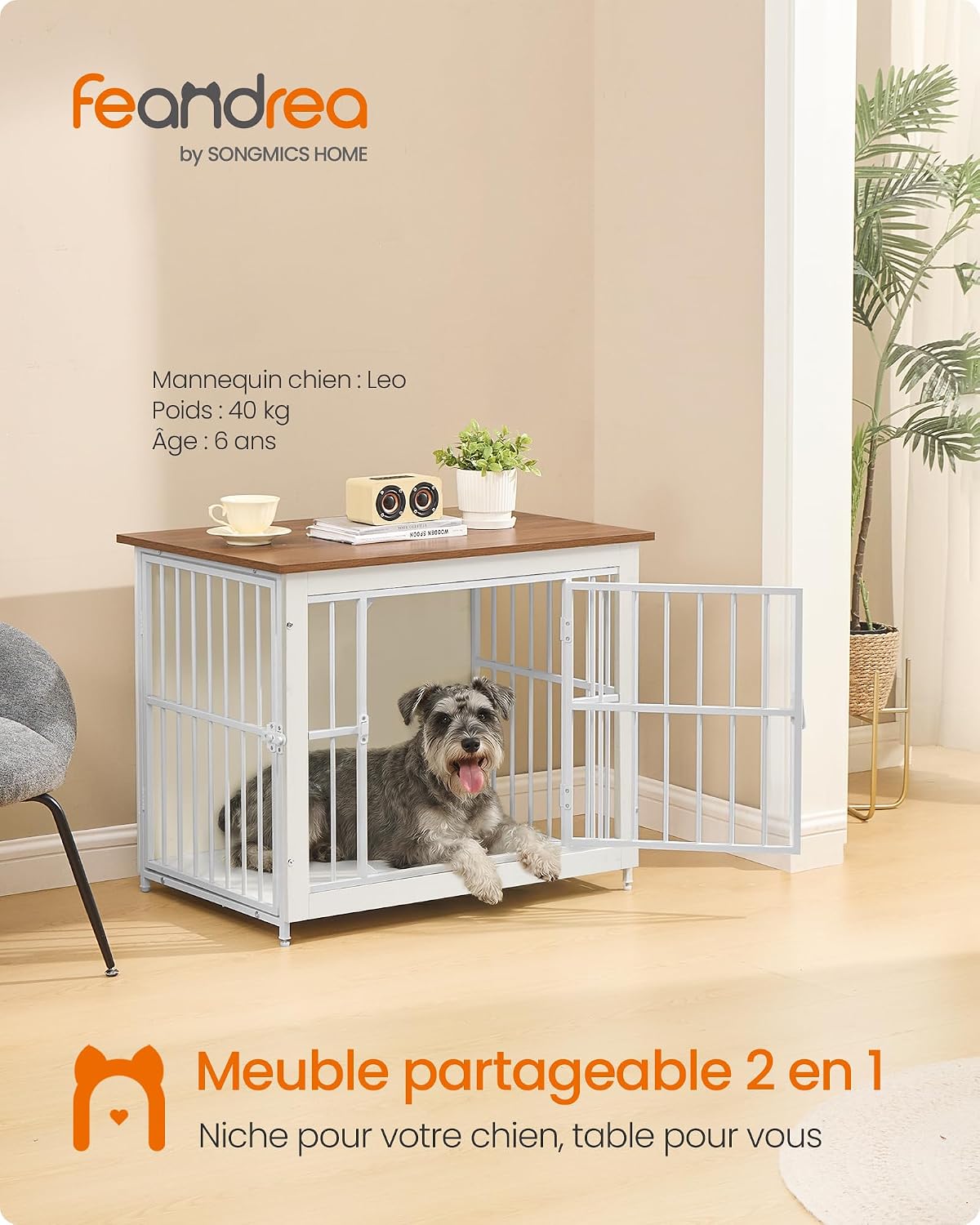 Detalle 2 de Feandrea Meuble Cage pour Chien – Table d’appoint 2 en 1, fond plein, 80x55x64 cm, pour chiens jusqu’à 20 kg