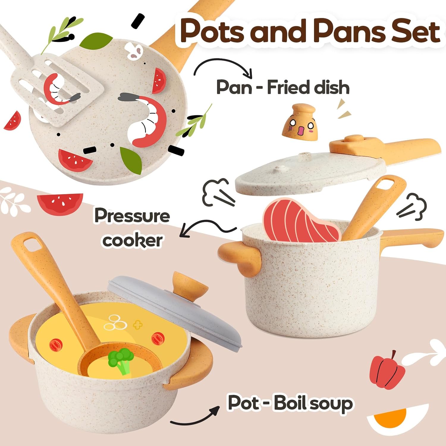 Detalle de HYAKIDS Toy Pots and Pans Set – Durable Plastic Kitchen Playset for 3+ Kids