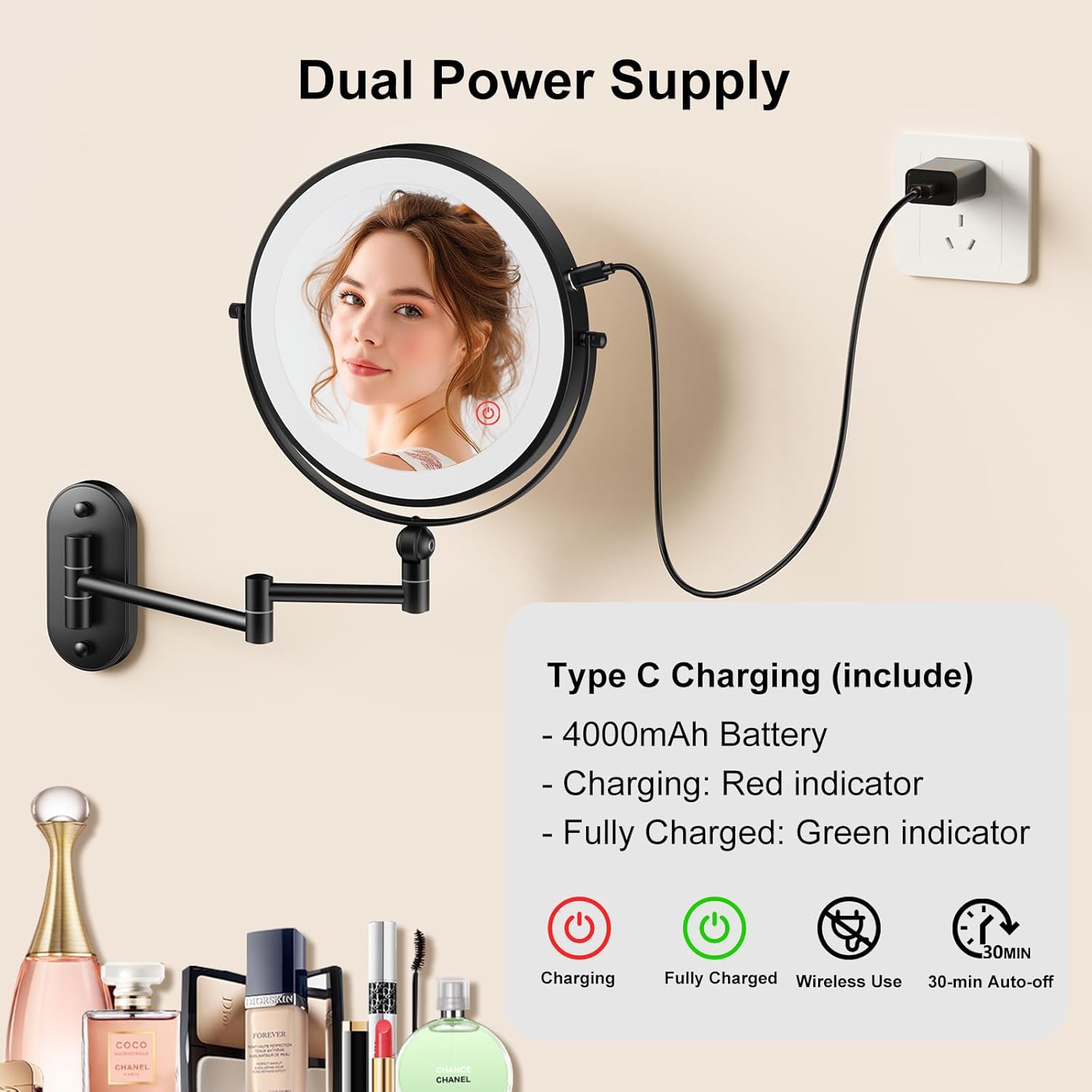 Detalle 2 de 9" Wall Mounted Lighted Makeup Mirror 4000mAh 💄