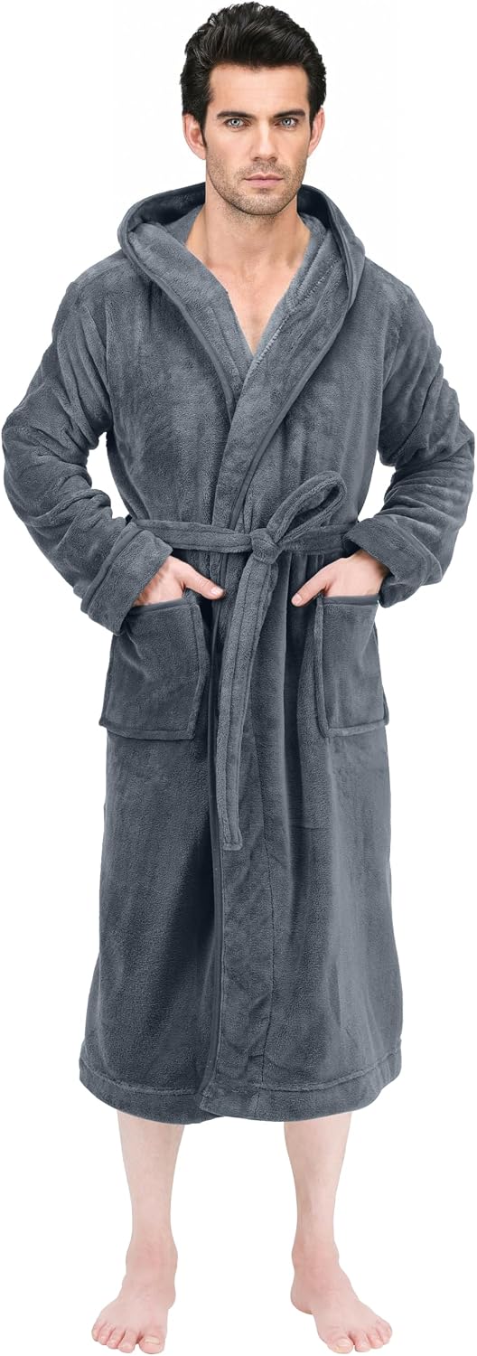 Detalle de NY Threads EU0616 Men's Hooded Coral Fleece Bathrobe with Belt and Pockets
