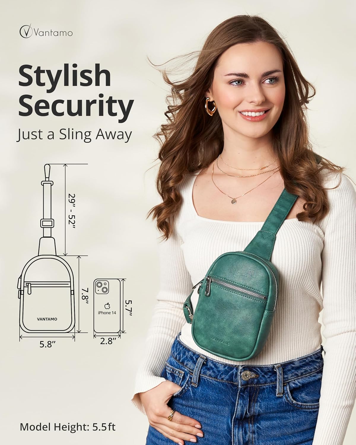 Detalle de Vantamo RFID Blocking Crossbody Bag for Women – Vegan Leather Sling with Anti-Pickpocket Clip